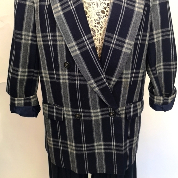 80s vintage window pane plaid oversized double-breasted NAVY/WHITE wool jacket - Picture 15 of 15